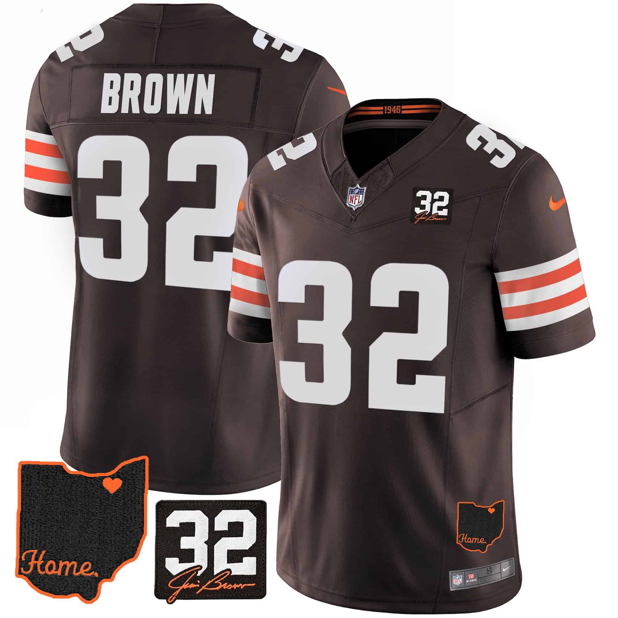 Men Cleveland Browns 32 Brown Brown Memorial Home Patch 2024 Nike NFL Jersey style 1
